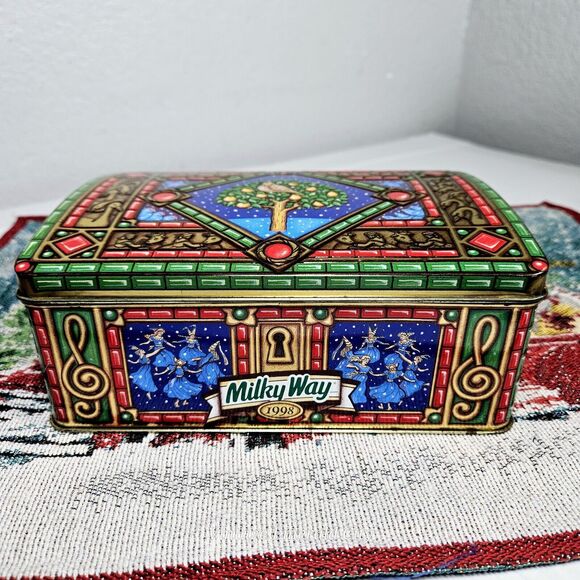 Vtg Retro Tin Box Milky Way 1998 Canister 12 Days Christmas Stained Glass Chest - Picture 9 of 15